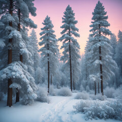 Obraz premium Snow-covered pine trees creating a serene winter landscape during a frosty evening