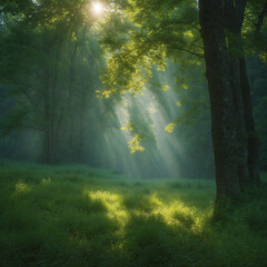 Naklejka premium A tranquil summer morning in a green forest with sunlight through the trees