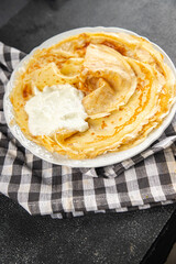 Crepe pancake sweet breakfast or dessert tasty food dish Fresh delicious gourmet food background on the table rustic food top view copy space top view