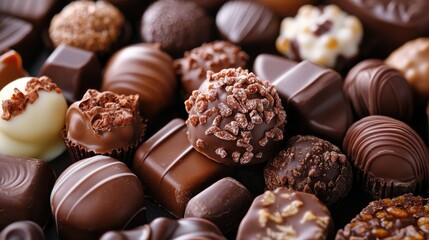 Close up image of a selection of delicious chocolate pralines and candy treats