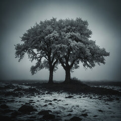 Misty landscape featuring two trees in fog with a rocky terrain