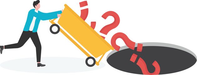 Businessman pushes question mark full of wheelbarrow into the cliff

