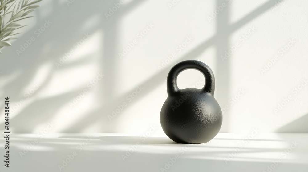 Poster a black kettlebell sits steadily on a bright surface, accentuated by gentle shadows, showcasing simp