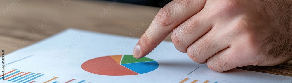 Poster hand pointing at a colorful pie chart on a printed report, analyzing data for business strategy.