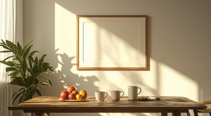 A large wooden picture frame hanging on the wall of an empty dining room, a simple table with fruits and coffee mugs in front of it, a plant near the window, soft natural light, wh