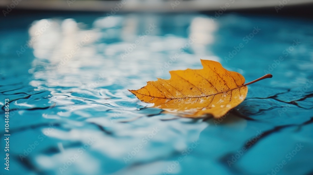 Wall mural a single autumn leaf floats on the surface of a tranquil blue pool, creating a serene scene.