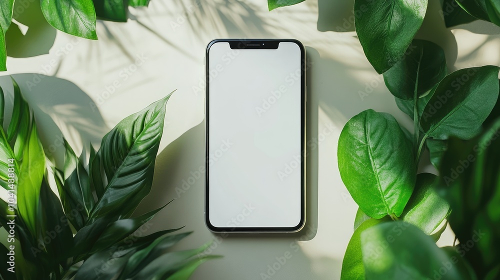 Poster top view of a phone mockup surrounded by a green plant featuring a flat lay design with ample copy s