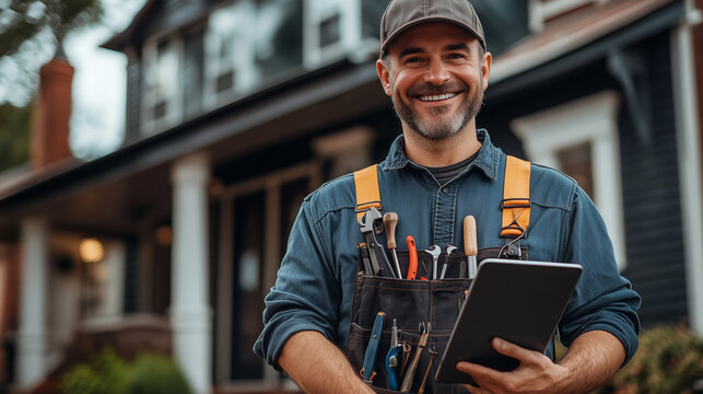 A handsome male craftsman stands in front of his house, smiling and wearing work and overalls with tools hanging from them. He is holding a tablet , and has short hair and facial