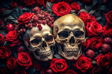 Two Skulls Surrounded by Red Roses in Fashion Photography with Dark Elegance, Gothic Aesthetic, and Floral Romance for Stunning Visual Impact and Artistic Imagery