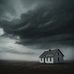 A solitary white house stands beneath dark storm clouds in a desolate landscape