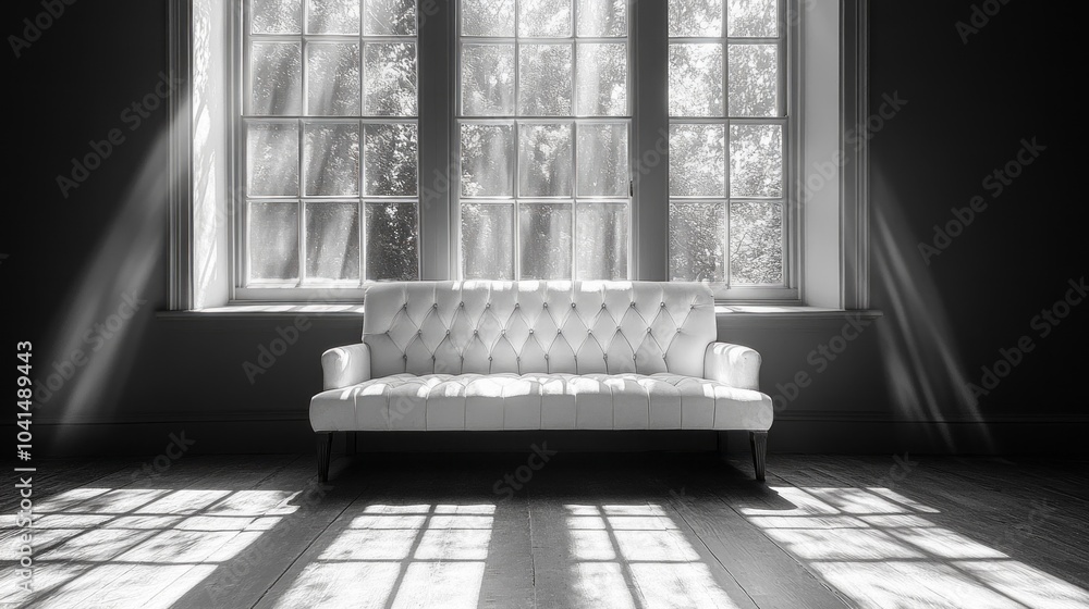 Poster a white couch is sitting in front of a window