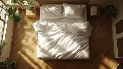 View from above of a bed with a white duvet and pillows in a bedroom, wooden floor, sunlight, photorealistic, detailed.