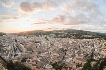 view of  the town of Scicli in Sicily at sunset