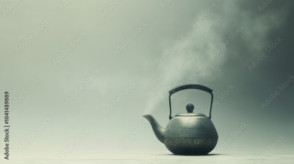 Poster A kettle on the stove releases thin lines of steam, creating a calming atmosphere with its muted backdrop, perfect for a cozy moment. Generative AI