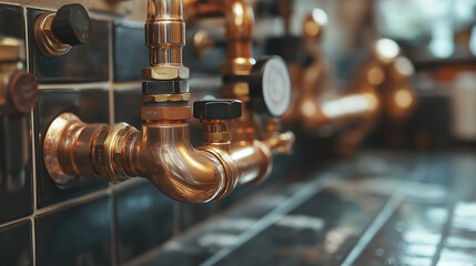 Plumbing service with copper pipeline of a heating system. Plumbing, fixing pipes and fittings for connection of water or gas systems