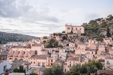 view of  the town of Scicli in Sicily at sunset