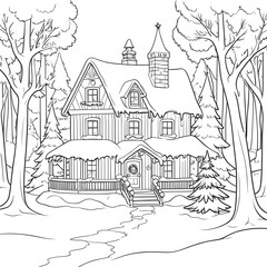 Obraz premium Coloring page with a house in the winter forest with a Christmas tree