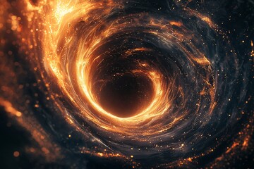 Black hole, spinning galaxy at the center of space, glowing light trails swirling around it.