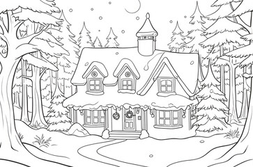 Coloring page with a house in the winter forest with a Christmas tree