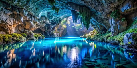 Fototapeta premium Sunlight Illuminates the Tranquil Depths of a Moss-Covered Cave, Creating a Serene Reflection in the Crystal-Clear Water