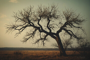 A solitary bare tree in a vast field during the late afternoon light