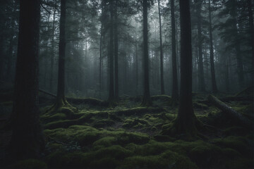 Obraz premium Mysterious dark forest with fog and moss-covered ground during twilight hours