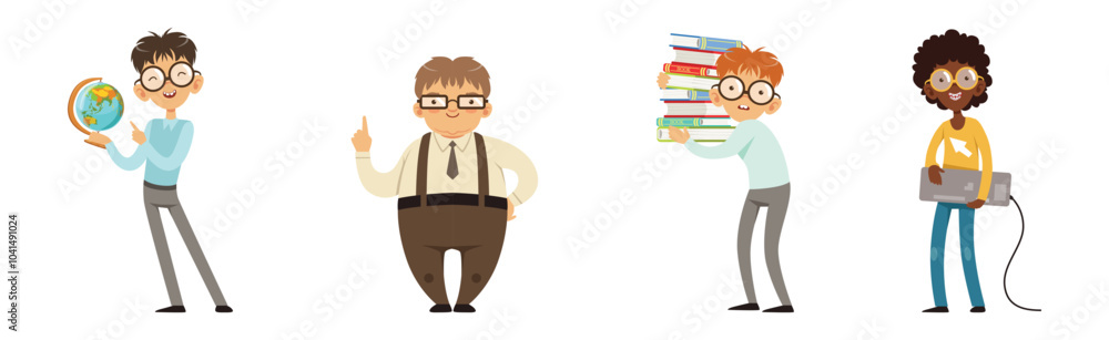 Poster smart kid nerd with book in glasses vector set