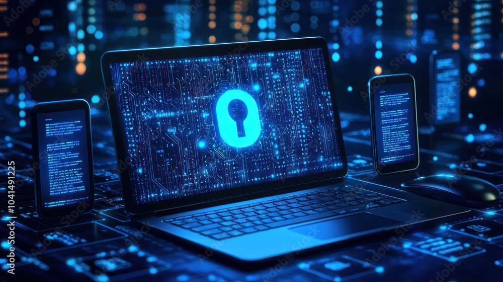Poster Laptop and Phone Displaying a Keyhole on a Circuit Board Background