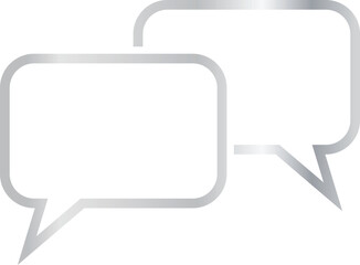 Naklejka premium Two overlapping rectangular 3x2 aspect ratio silver metallic talk balloons, rounded corners. Blank outline dialogue boxes with sharp, downward-pointing triangular tails on transparent background.