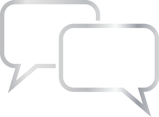 Naklejka premium Two overlapping rectangular 3x2 aspect ratio silver metallic speech bubbles, rounded corners. Blank outline dialogue boxes with sharp, downward-pointing triangular tails on transparent background.