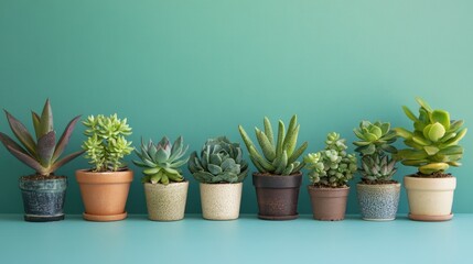 Fototapeta premium Serene Collection of Succulents Against a Teal Background