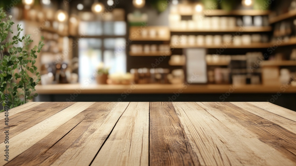 Poster empty wooden table with a blurred shop counter in the background perfect for showcasing or assemblin