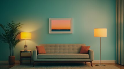 Stylish living room design with decorative elements and serene artwork emphasizing comfort and modern aesthetics