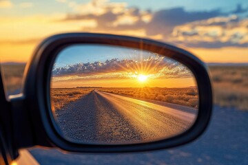 Sunset reflected in car mirror. The image showcases a picturesque view of a long road leading towards a breathtaking sunset, symbolizing a journey towards hope and new beginnings.