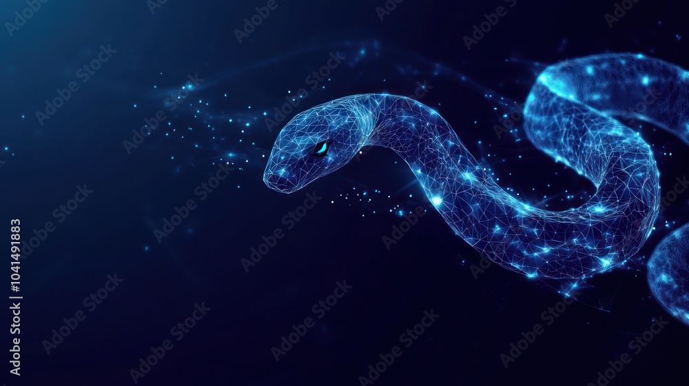 Wall mural a digital representation of a snake composed of glowing particles in a dark background.
