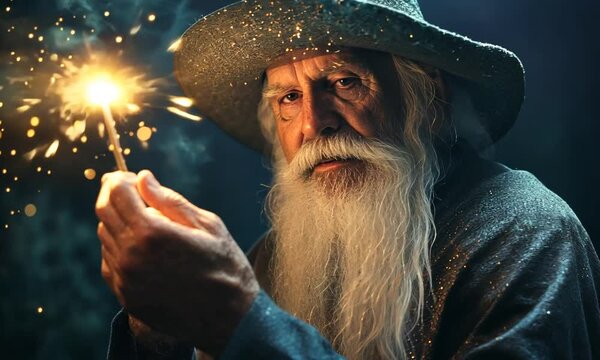 An elderly wizard with a long white beard holds a glowing stick, surrounded by magical sparks.