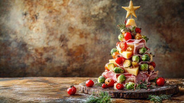 Festive tree crafted from puff pastries cheese ham tomatoes and Brussels sprouts topped with a star Christmas themed food image with ample copy space