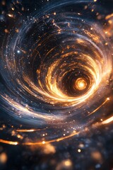 Black hole, spinning galaxy at the center of space, glowing light trails swirling around it.