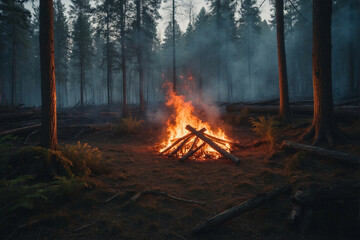 A campfire burns in a dense forest at dusk
