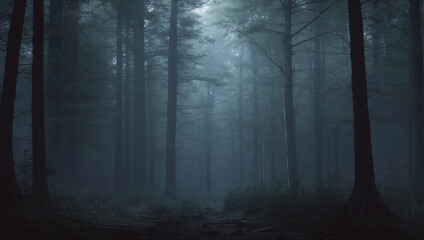 Mysterious dark forest with dense fog and towering trees during twilight hours