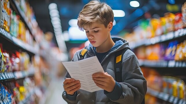 Boy reading a grocery list in a supermarket. This photo can be used to illustrate the concept of grocery shopping, planning meals, or everyday life.