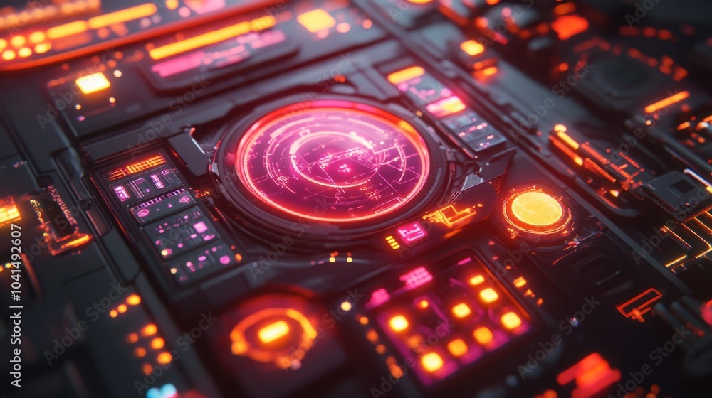 Poster futuristic interface with neon elements and circuits