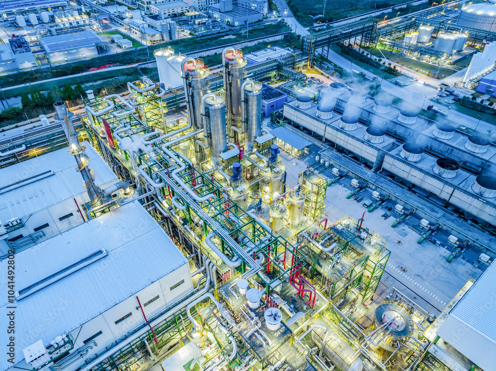 Poster Oil refinery chemical plant industrial equipment buildings at night