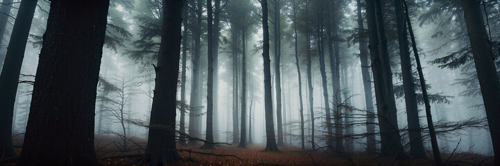 Misty twilight in a dark forest with a mysterious ambiance