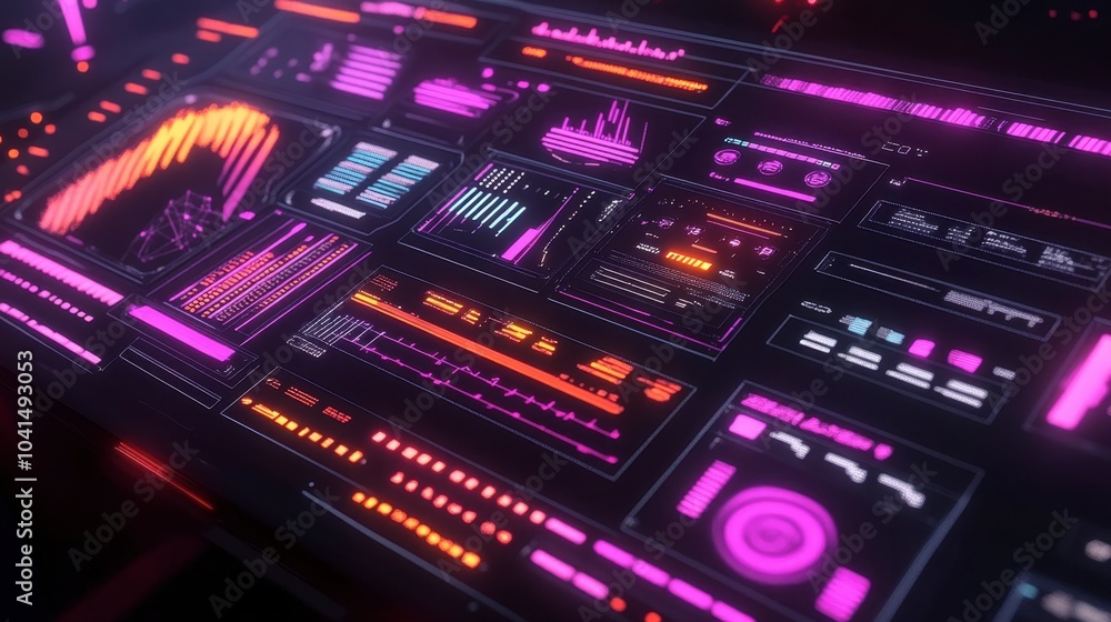 Poster futuristic digital dashboard with colorful graphs