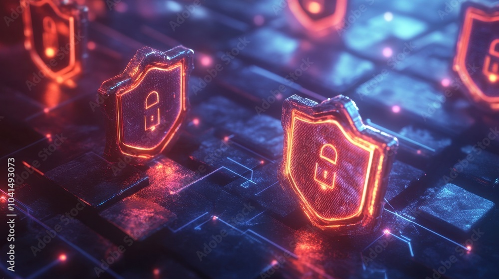 Poster cybersecurity concepts with digital shields and locks