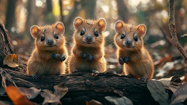 Three adorable rat-kangaroos stand on a log in a forest, looking up at the camera with sweet smiles