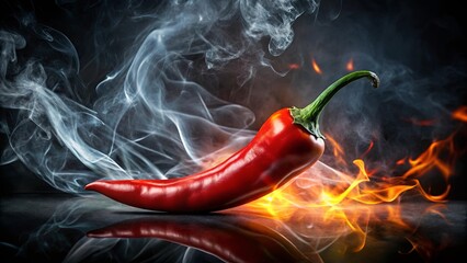 A Vivid Red Chili Pepper Enveloped in Smoke and Flames, A Spicy and Dramatic Composition