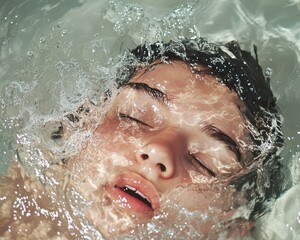 Close-up of a woman's face submerged in water, capturing a moment of tranquility and serenity
