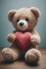 Obraz premium Cute teddy bear sitting on a table while holding a red heart